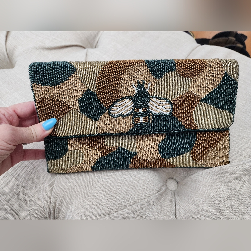 Beaded Camouflage Clutch with Bee Design